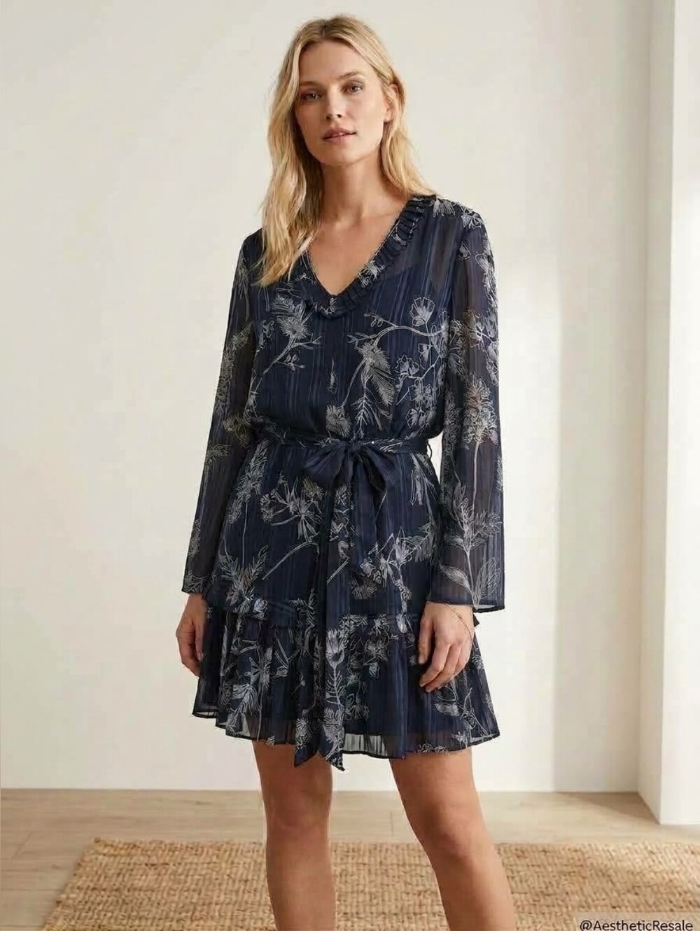 REISS Shannon Floral Print Dress Floral Mini Dress in Navy & White Size 10 NWT